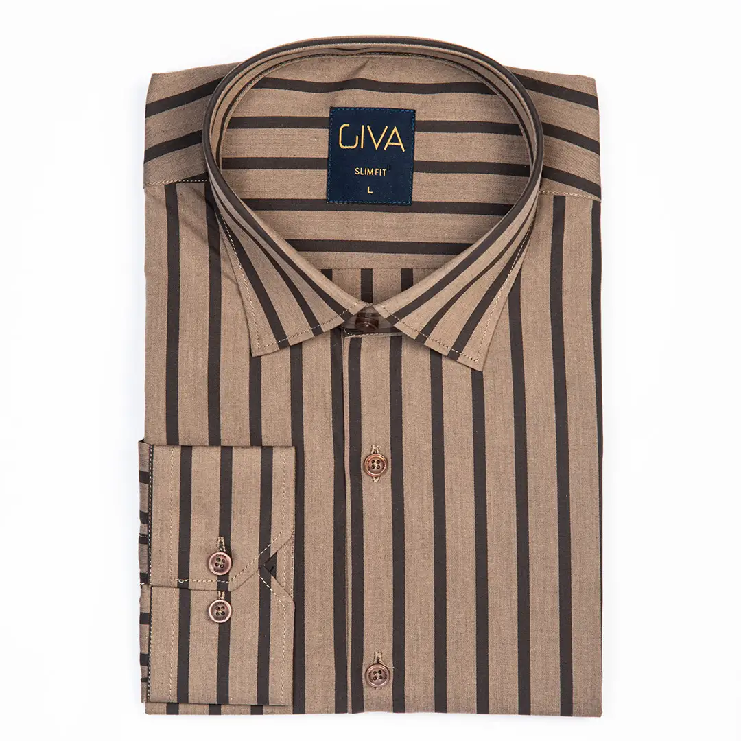 پیراهن راه راه شکلاتی مردانه یقه کراواتی - Thumbnail 2