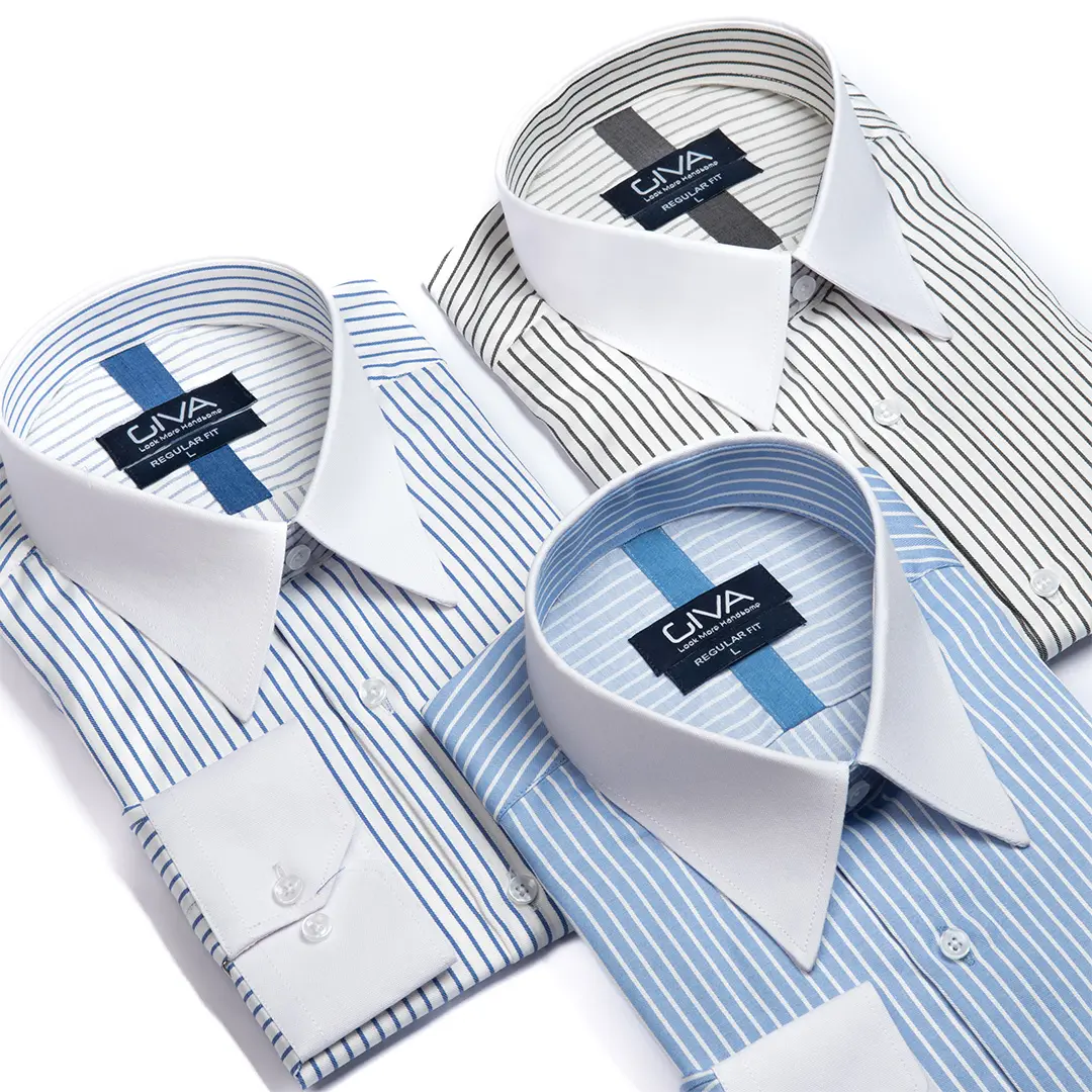 پیراهن راه راه یقه و مچ سفید 4431