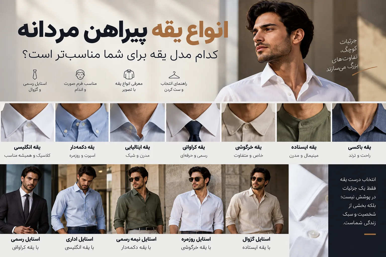 انواع یقه پیراهن مردانه؛ کدام مدل یقه برای شما مناسب‌تر است؟