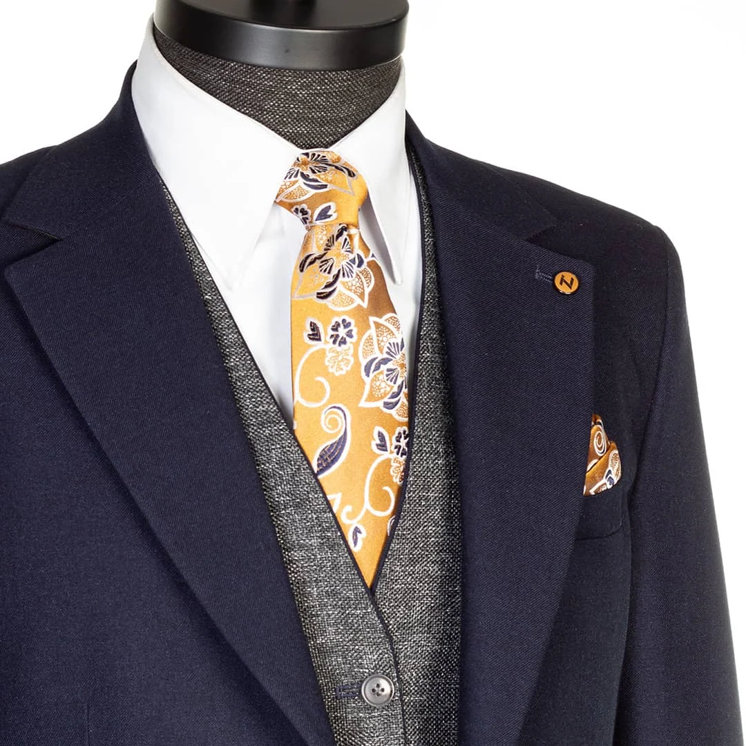 کراوات زرد طلایی با طرح گلدار سرمه‌ای - Thumbnail 1